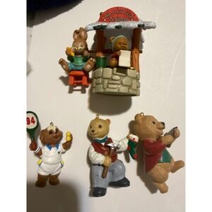 Vintage Christmas Ornament Lot Bears Bunny Tennis Violin Wishing Well 4pc Set